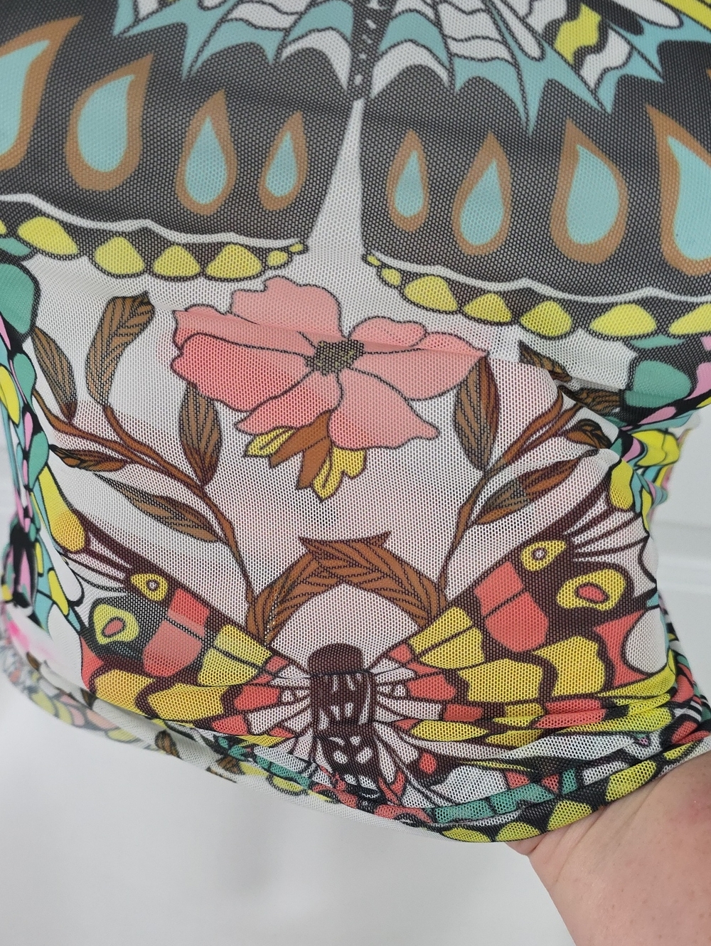 Afrm Hippie Mesh Multicolor Butterfly Floral Print Turtleneck Longsleeve Top - Picture 4 of 8